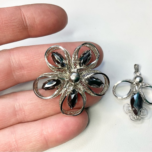 Vintage Alaska Black Diamond Sterling Silver Pendant & Brooch 1960’s Set - Picture 3 of 7